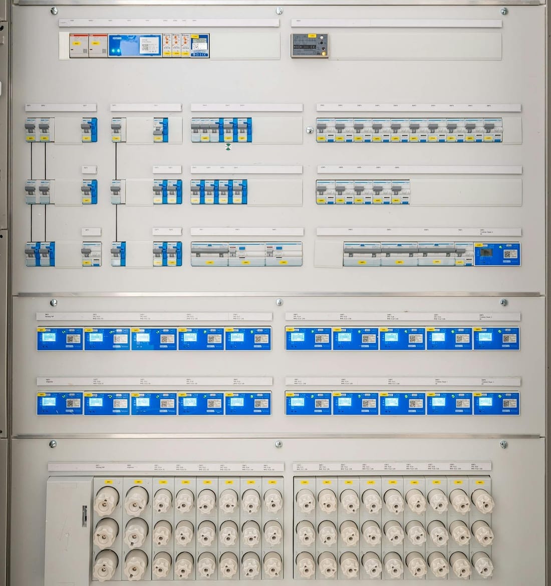 Modern electrical panel with circuit breakers and sockets - the properly split DB with RCCB protection we install in Beed Bypass builder flats